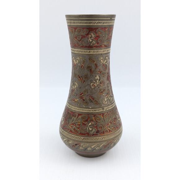 Brass Vase Enameled Floral Ornate Etched Vintage 5" Tall Marked 1923 India - Picture 4 of 9